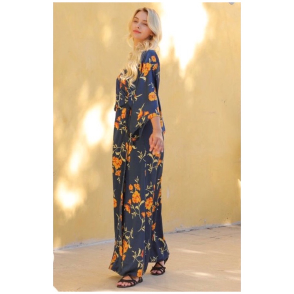 CLEARANCE . Navy Floral Kimono Tie Front Tassel Maxi Dress - Picture 6 of 7